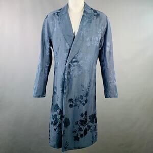 Size 38 Teal Jacquard Linen Blend Single Breasted Peak Lapel Coat